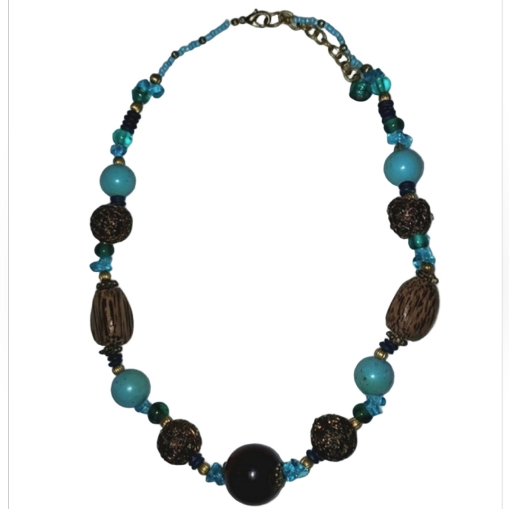 Artisan Made Turquoise and Brown Beaded Necklace - Picture 6 of 6